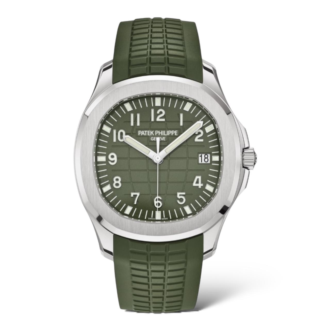 Patek Philippe Aquanaut 42.2mm 5168G-010 Khaki Green Dial White Gold Case Rubber Khaki Straps - Exotic Boutique Dubai