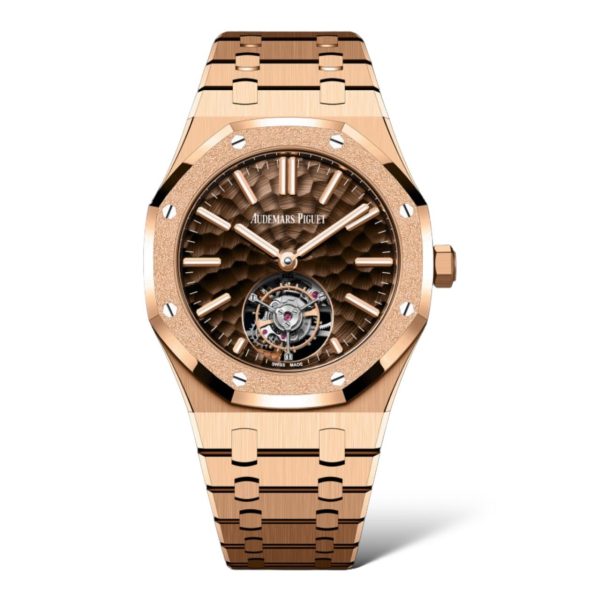 Audemars Piguet Royal Oak 41mm 26730OR.GG.1320OR.01 Rose Gold Selfwinding Tourbillon Frosted Bezel Brown Dimpled Dial - Exotic Boutique Dubai