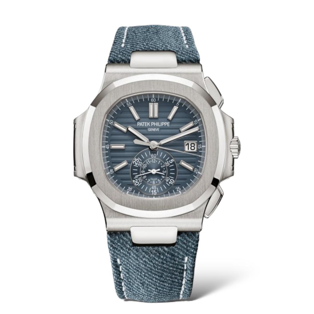 Patek Philippe Nautilus 40.5mm 5980/60G Self-Winding Flyback Chronograph White Gold Calfskin And Denim Pattern Straps - Exotic Boutique Dubai
