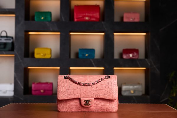 Chanel Mini Classic Flap Bag in Salmon Matte Crocodile Leather with Silver Hardware - Rare Exotic Collector’s Edition - Exotic Boutique Dubai