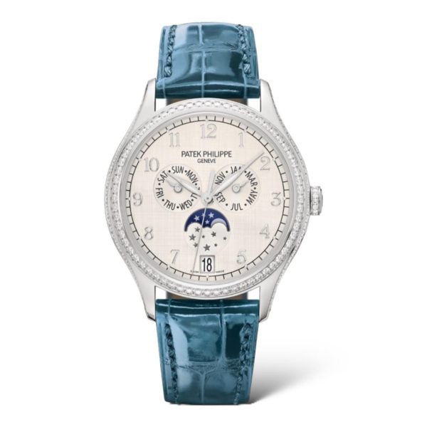 Patek Philippe Complications 38mm 4947G-010 Annual Calendar Moon Phases White Gold Case Alligator Peacock Blue Strap Diamonds Set Bezel - Exotic Boutique Dubai