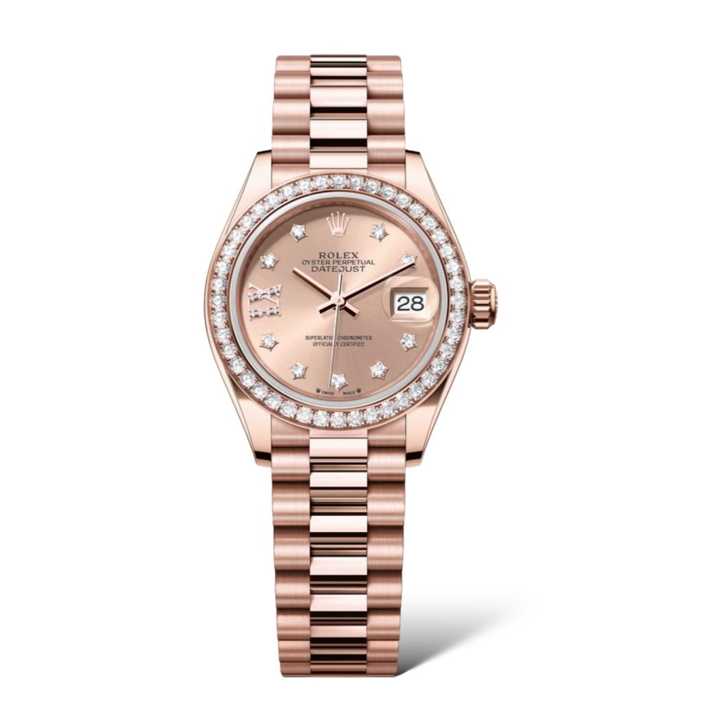 Rolex Lady Datejust 28mm 279135RBR Everose Gold President Bracelet Diamonds Bezel Rose-Colour Dial - Exotic Boutique Dubai