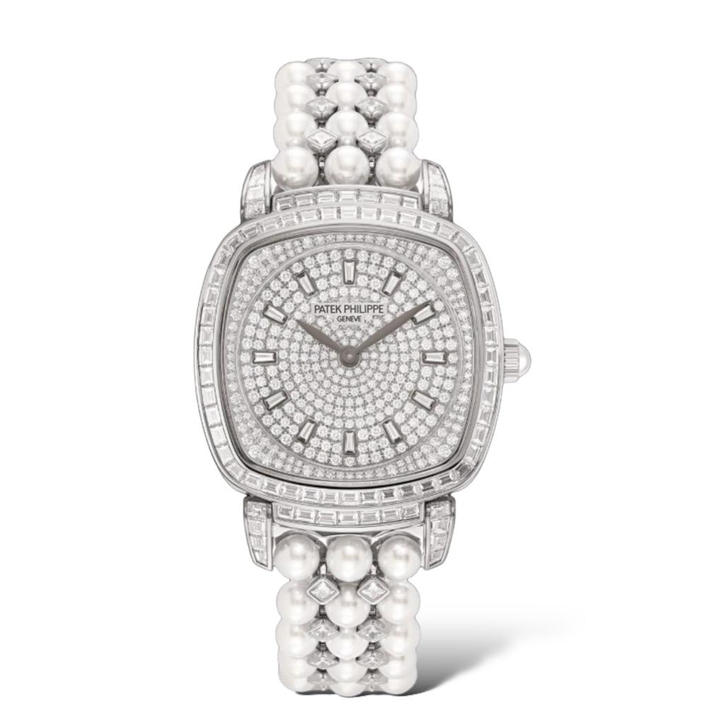 Patek Philippe Gondolo 31mm x 34.8 mm 7042/100G-010 Haute Joaillerie Diamonds Paved Dial Akoya Pearls and White Gold Bracelet - Exotic Boutique Dubai
