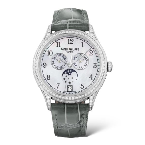 Patek Philippe Complications 38mm 4948G-010 Annual Calendar Moon Phases Diamonds-Set Bezel Alligator Pale Grey Strap Mother-Of Pearl Dial - Exotic Boutique Dubai