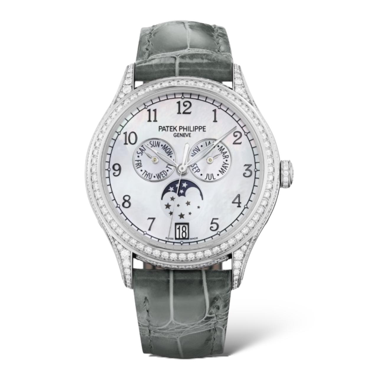 Patek Philippe Complications 38mm 4948G-010 Annual Calendar Moon Phases Diamonds-Set Bezel Alligator Pale Grey Strap Mother-Of Pearl Dial - Exotic Boutique Dubai