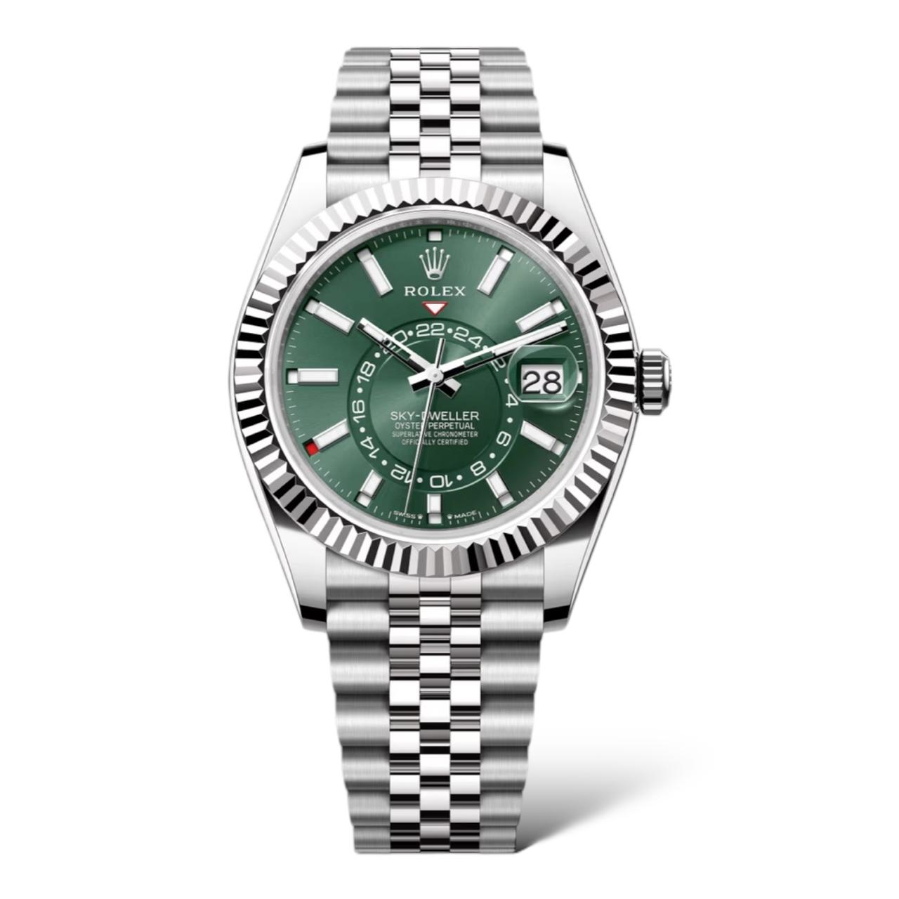Rolex Sky-Dweller 42mm 336934 Oystersteel and White Gold With Mint Green Dial and Jubilee Bracelet - Exotic Boutique Dubai
