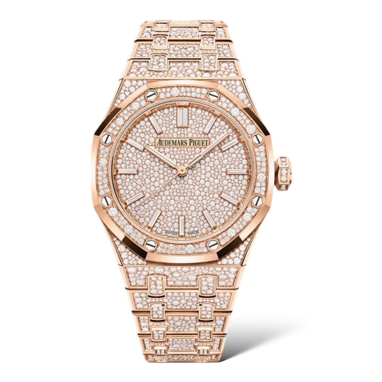 Audemars Piguet Royal Oak 37mm 15552OR.ZZ.1358OR.01 Baguette-Cut Diamonds Dial Rose Gold - Exotic Boutique Dubai