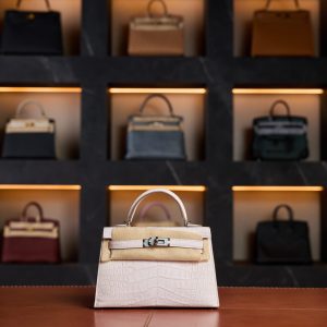 Hermès Kelly 20 Mauve Pale Matte Crocodile Leather with Palladium Hardware - 2024 New Full Set - Exotic Boutique Dubai