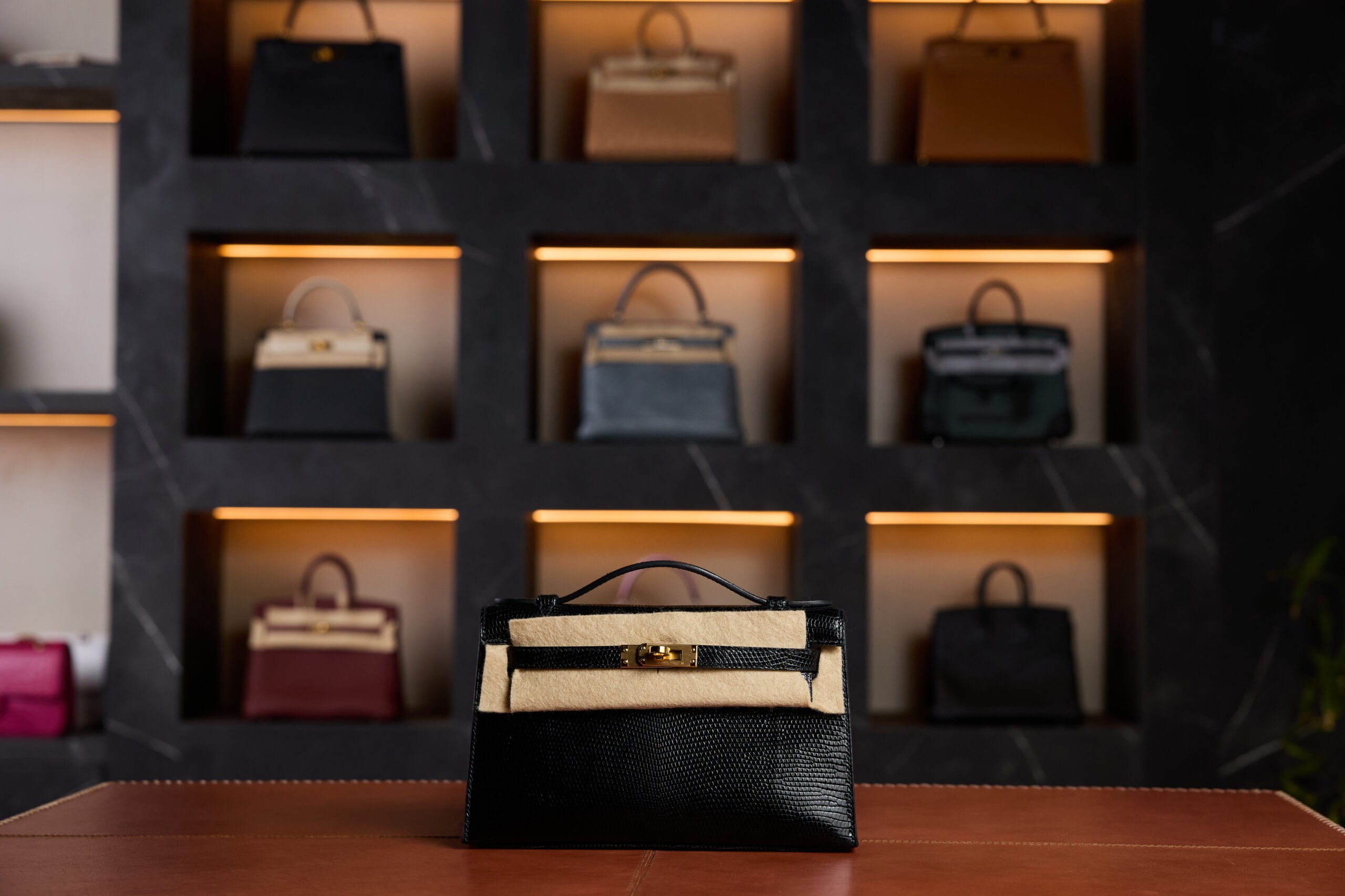 Hermès Kelly Pochette Black Lizard Leather with Gold Hardware - 2024 New Full Set - Exotic Boutique Dubai