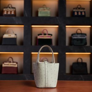 Hermès Mini Picotin Gris Pale Ostrich with Gold Hardware 2023 New Full Set - Exotic Boutique Dubai
