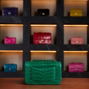 Chanel Mini Classic Flap Bag in Emerald Green Shiny Crocodile Leather with Gold Hardware - Rare Exotic Collector’s Edition - Exotic Boutique Dubai